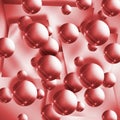 Red gradient background. Abstract composition of shiny balls and rectangles.