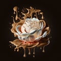 Abstract composition of a rose surrounded by splashes of coffee. Generative AI