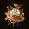 Abstract composition of a rose surrounded by splashes of coffee. Generative AI