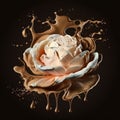 Abstract composition of a rose surrounded by splashes of coffee. Generative AI