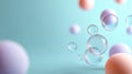 Abstract composition of translucent bubbles and soft pastel spheres floating against a smooth light blue background with gentle Royalty Free Stock Photo