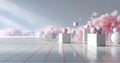 Abstract composition of white cubes and pink spheres on a reflective tiled surface with soft pink cloud-like formations in the Royalty Free Stock Photo