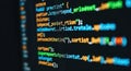 Abstract computer code displayed with vibrant syntax highlighting on a dark screen for programming Royalty Free Stock Photo