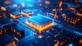 Abstract computer processor with glowing circuits and data flow visualization. Royalty Free Stock Photo
