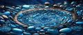 Abstract concentric whirlpool circle pattern of aquamarine blue stone pebbles - generative AI