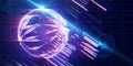 Abstract concept of analysis spherical array data. Big data. Glowing sphere with blurred lines and lens effects. Banner for
