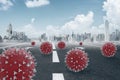Abstract concept of corona virus in front of modern city Royalty Free Stock Photo
