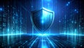 Abstract concept of data security and digital protection. A metallic, geometric shield stands against a background of binary code Royalty Free Stock Photo