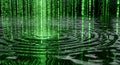 Digital Rain Drops Green Binary Code Falling into Water Ripples Royalty Free Stock Photo