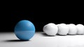Abstract concept image - One blue ball in front of many white balls on a white surface - 3D rendering illustration Royalty Free Stock Photo