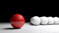 Abstract concept image - One red ball in front of many white balls on a white surface - 3D rendering illustration Royalty Free Stock Photo
