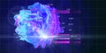 Abstract concept of layered analysis of a spherical data. Noise sphere cut on color layers with blurred lines and lens effects.