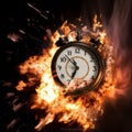 A black alarm clock with large numbers on a dark background surrounded by burning hot particles Royalty Free Stock Photo