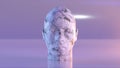 Abstract concept. The white marble stone turns into a sculpture with a human face. Lilac background