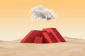Abstract conceptual image of red stairs under cloud in desert. Challenge concept.