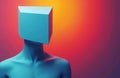 Abstract conceptual rendering of blue human body, cube head on gradient background. Represents modern tech, anonymity, futuristic Royalty Free Stock Photo