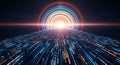 Futuristic 3D render of a high speed digital highway visualization with glowing blue and orange data lines rapidly receding toward Royalty Free Stock Photo