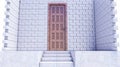 Abstract concrete stairway go up to the wooden door on bricks wall,