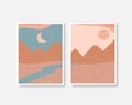 Abstract contemporary aesthetic backgrounds landscapes set with Sun, Moon, sea, mountains. Earth tones, pastel colors. Boho wall Royalty Free Stock Photo