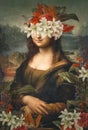 Abstract art collage of Leonardo da Vinci Portrait of Mona Lisa del Giocondo and flowers
