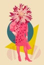 Funny buisness woman with statue head standing on color abstract background. Art collage