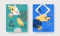 Abstract contemporary art posters with marble stones, doodle textures, geometric shapes, animal pattern, plants, dots