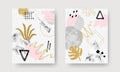 Abstract contemporary art posters with marble stones, doodle textures, geometric shapes, animal pattern, plants, dots