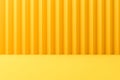 Abstract contemporary backdrops or yellow display on vivid summer background with stripe pattern wall. 3D rendering