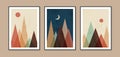 Abstract contemporary landscape posters. Modern boho background set with sun moon mountains. Abstract arts design for Royalty Free Stock Photo