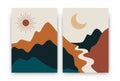 Abstract contemporary landscape posters. Modern boho background set with sun moon mountains, minimalist wall decor. Vector print Royalty Free Stock Photo