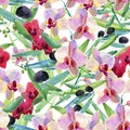 Watercolor orchid flowers and leaves. Floral composition. Royalty Free Stock Photo