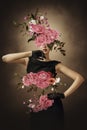 Abstract art collage of young woman with flowers