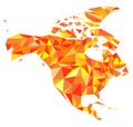 Abstract continent of North America from orange, amber, yellow triangles. Origami style. Vector polygonal pattern for your design