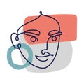 Abstract contour female face. Contemporary woman one line portrait on color collage background spots, minimalist poster