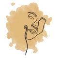 Abstract contour silhouette of a woman`s face in trendy minimalist style on the background of watercolor stain. Vector