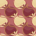 Abstract contoured seamless pattern with pomegranate elements. Beige and maroon pale tones