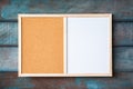 abstract cork board and white board on wooden background. Blank notes for add text message or design website. sticker note