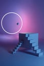 Abstract corner composition with podium and staircase, neon light, circle and ball, 3D illustration with geometric Royalty Free Stock Photo