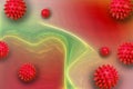Abstract coronavirus molecule on red background.