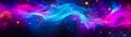 Abstract cosmic background with swirling neon light waves in mesmerizing shades of blue and pink across a deep space