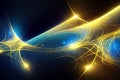 Abstract cosmic dark blue background with neon golden lights, virtual reality