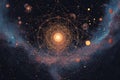 Abstract cosmic illustration featuring vibrant planets and glowing energy patterns in a dark space background with intricate web Royalty Free Stock Photo