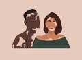 Abstract couple silhouette with vitiligo of different nationalities standing together. Vector concept to support people