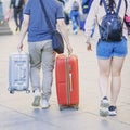 Abstract couple of travelers with luggage, suitcases and backpack, concept of travel and tourism concept Royalty Free Stock Photo