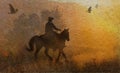 An abstract cowboy riding in a meadow with trees, crows flying above and a textured watercolor yellow background.