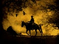 An abstract cowboy riding in the mountains with trees, crows flying above and a textured watercolor yellow background.