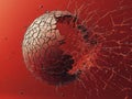 Abstract cracked sphere exploding into fragments on red background Royalty Free Stock Photo
