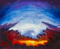 Abstract crater, volcano, yellow, orange lava. Hell. Sharp mountains. Blue background original oil painting. Impressionism. Art.