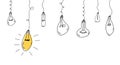 Abstract creative concept background. Hand drawn of hanging light bulbs with one shining. Concept of creative idea in simple Royalty Free Stock Photo