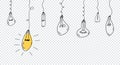 Abstract creative concept background. Hand drawn of hanging light bulbs with one shining. Concept of creative idea in simple Royalty Free Stock Photo